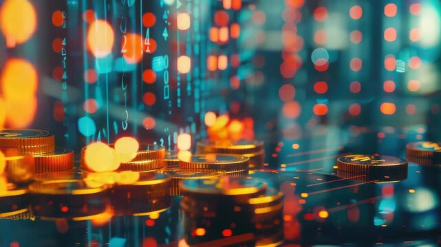 Colorful lights representing bitcoins and blockchain technology, suggesting digital currency and virtual wallets.