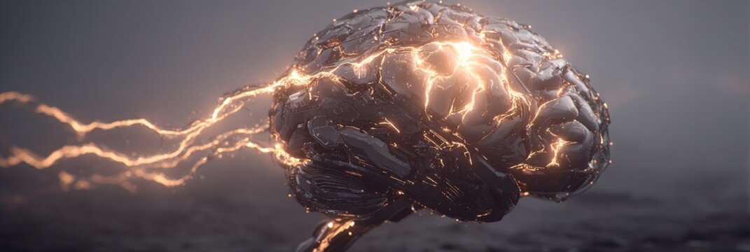 Cervello umano illuminato da scariche elettriche, simbolo di pensiero e idee creative.