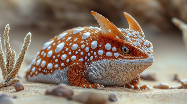 Close-up of a stylized,  orange and white lizard-like creature