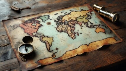 Vintage world map on weathered wooden table