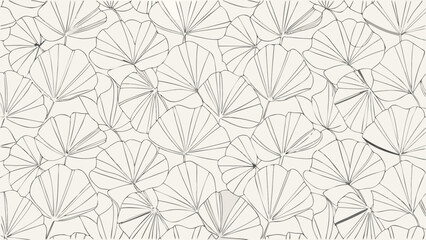 Overlapping ginkgo leaves pattern in black and white with radial lines and subtle shading details