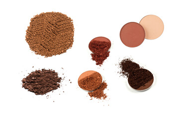 Makeup cosmetics. Eyeshadow in brown color crushed palette, colorful eye shadow powder isolated.