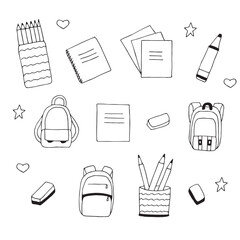 Stationery and school backpacks set of doodles, hand drawing, vector illustration