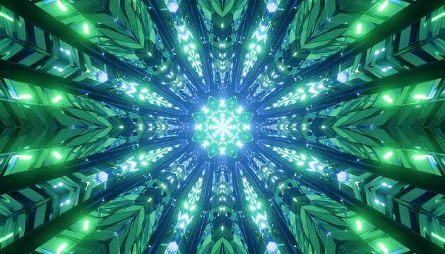 Abstract Green and Blue Kaleidoscope Tunnel with Geometric Patterns and Glowing Lights