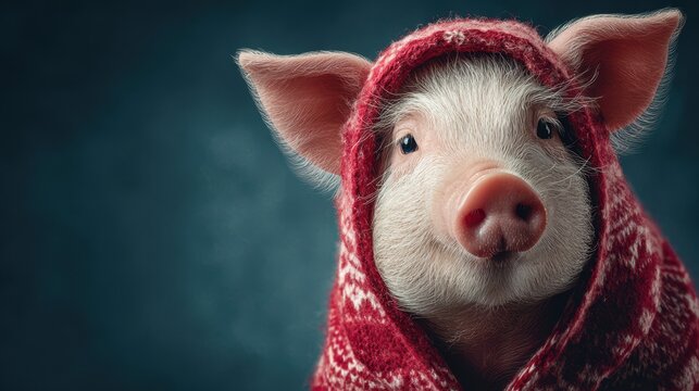 Cute piglet wearing a red patterned blanket posing for the camera in a cozy indoor setting