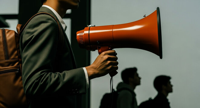 A man in a suit holds a vibrant orange megaphone directing attention In the background the blurred silhouettes of several individuals suggest an audience or gathering