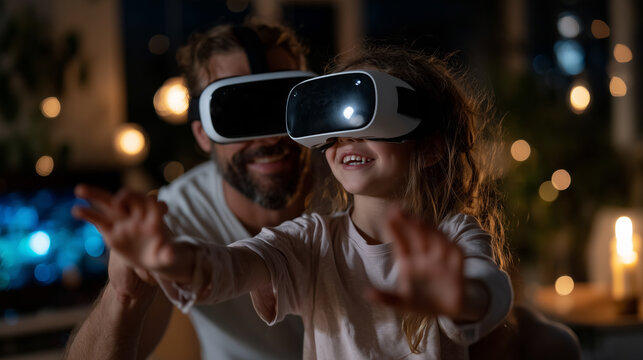 A father and daughter wearing VR headsets enjoy an immersive virtual reality experience together, smiling and reaching out in a warmly lit, cozy home setting. - Powered by Adobe