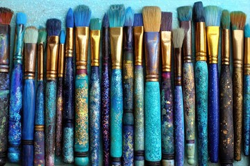 Fototapeta premium Blue and gold paintbrushes