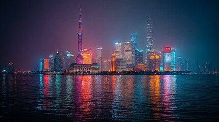 Naklejka premium Vibrant city skyline reflected in the water at night.