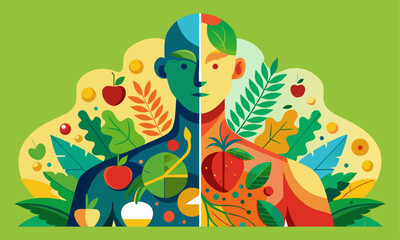 Download An Artistic Representation Of A Human Body Divided Into Two Halves, With Vibrant Organic Elements . This Icon Concept Isolated Premium Vector. 