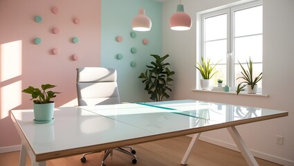 Minimalist Home Office Interior with Soft Pastel Decor | Modern Workspace Aesthetic Design