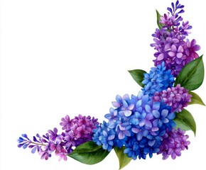 Fototapeta premium Watercolor floral illustration showcases a stunning arrangement of blue hydrangeas and delicate lilacs, perfect for decorative or design purposes