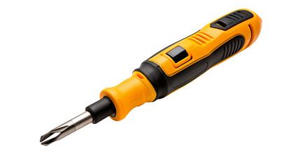 A yellow and black screwdriver with a phillips head on a plain black background in studio lighting