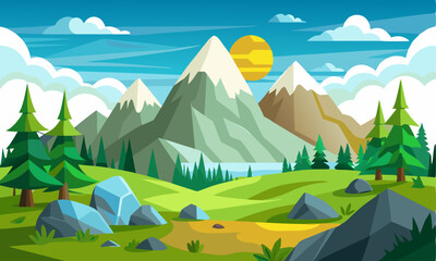 Download Landscape Of Mountains And Green Hills.  Vector Illustration . This Icon Concept Isolated Premium Vector. 