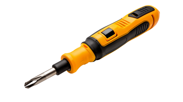A yellow and black screwdriver with a phillips head on a plain black background in studio lighting