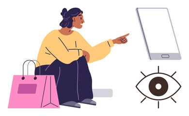 Woman sitting and pointing towards digital screen with a smartphone, shopping bag, and eye icon nearby. Ideal for e-commerce, user experience, technology, online shopping, visualization, marketing