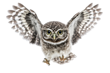 A captivating owl in mid-flight, showcasing its large eyes and detailed feathers.
