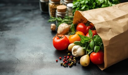 Handmade kraft paper bag with fresh vegetables and spices on dark background, grocery shopping or online food delivery service concept with natural organic arrangement