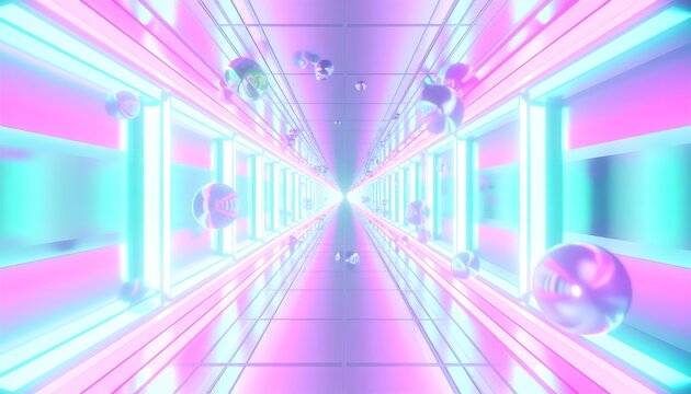 Abstract geometric hallway with neon light and metallic spheres background