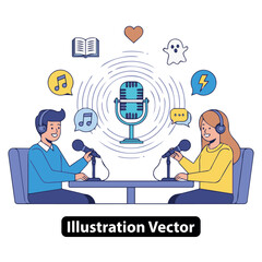 Man and woman hosting a podcast show, recording a live broadcast conversation with microphones.