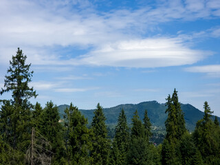 A stunning mountain landscape with lush greenery under a vibrant blue sky with wispy clouds, ideal for travel, nature, and outdoor lifestyle campaigns.