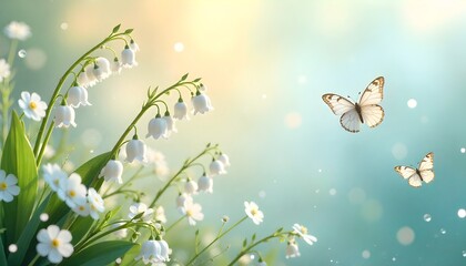 A spring-themed background with lily of the valley flowers, soft sunlight, and a graceful butterfly