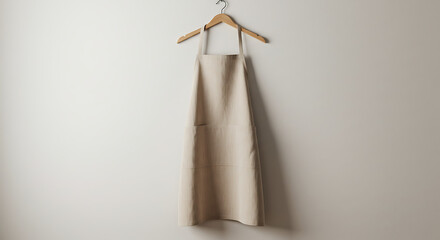 Minimalist Beige Apron Hanging on Wooden Hanger Against White Wall Backdrop for Chefs, Artisans, Baristas, and Home Cooks Product Mockup