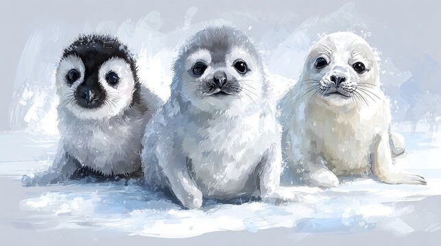 AKWARELOWE MALOWIDŁO PRZEDSTAWIAJĄCE PINGWINA, FOKĘ I BIAŁĄ FOKĘ