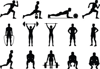 Silhouettes of fifteen fitness exercises, running, kettlebell lunges, planking, skipping rope, weightlifting, squats, deadlifts, gym training, sport movement vector