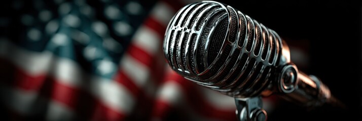 Vintage microphone stands in front of an American flag, capturing the essence of patriotic music and celebration