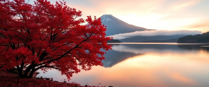 Red maple tree with mount fuji in the background reflecting in the calm water lake