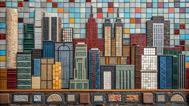 Mosaic art forming urban plan with diverse material and colorful tiles creating vibrant cityscape with various building shapes and textures in creative design