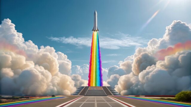 Rocket launch with vibrant rainbow exhaust trail soaring into bright blue sky surrounded by fluffy clouds, creating colorful and uplifting scene full of energy and hope - Powered by Adobe