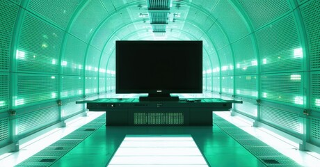 Futuristic control room. Bright teal lighting illuminates long corridor, central console dominates space. Minimalist design, high tech aesthetic.