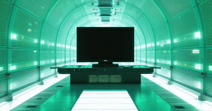 Futuristic control room. Bright teal lighting illuminates long corridor, central console dominates space. Minimalist design, high tech aesthetic.