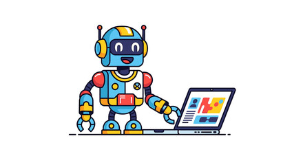 Cute robot character working on a laptop, displaying a friendly and technological theme.