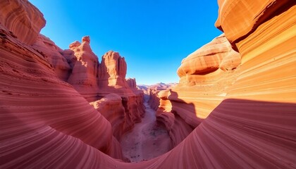 A scenic view of a canyon with orange rock formations under a clear blue sky above