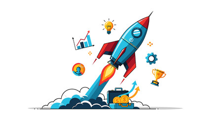 A vibrant rocket launching upwards, symbolizing rapid business growth and success, surrounded by icons representing ideas, progress, and achievement.