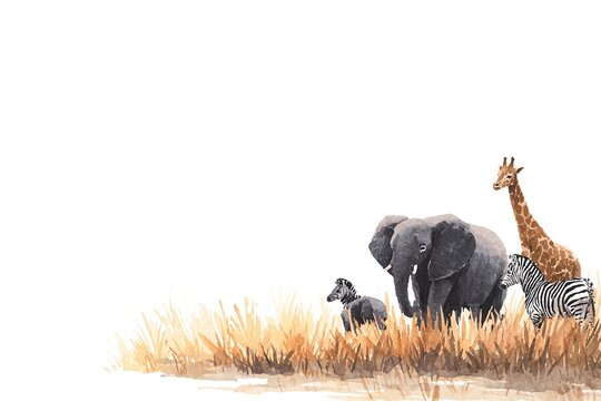 Fototapeta AKWARELOWA ILUSTRACJA: SŁOŃ, ŻYRAFA I ZEBRA NA SAWANNIE