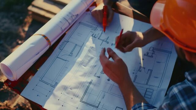 Two people, possibly architects or construction planners, working on a hand-drawn blueprint of a building's layout. The process is detailed as they draw the floorplan with precision and creativity.