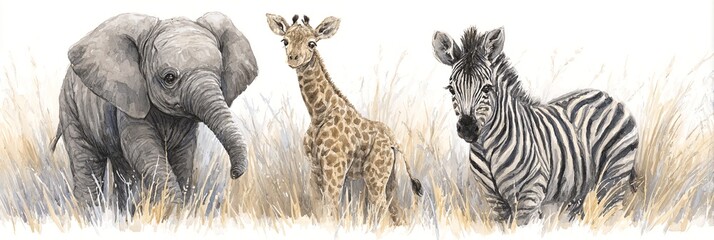 AKWARELOWE ILUSTRACJE MŁODYCH ZWIERZĄT AFRYKAŃSKICH: SŁOŃ, ŻYRAFA, ZEBRA