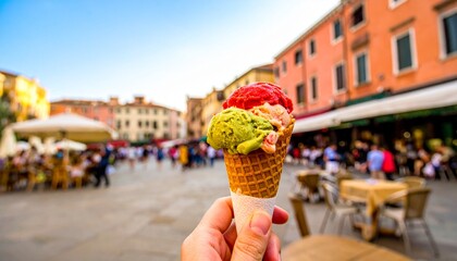 Hand Holding Colorful Ice Cream Cone in Venice Italy with Blurred Background.