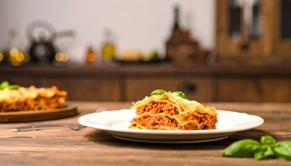 Delicious Homemade Lasagna Slice on a White Plate with Fresh Basil.