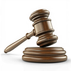 A wooden judge's gavel with a polished wooden handle and a wooden sound block on a transparent background