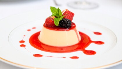 Elegant Panna Cotta Dessert with Fresh Berries and Mint on White Plate.