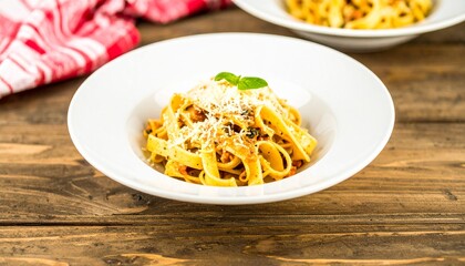 Delicious Pasta Dish with Cheese and Basil on Rustic Wooden Table.