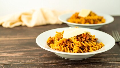 Delicious Pasta Dish with Cheese on White Plates Wooden Table Close Up.