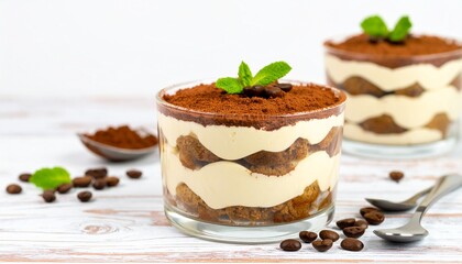 Exquisite Tiramisu Dessert with Coffee Beans and Mint on a Wooden Table.