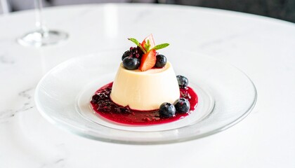 Elegant Panna Cotta Dessert with Berries and Mint on a Glass Plate.