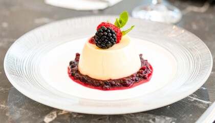 Exquisite Panna Cotta Dessert with Berries and Mint on Elegant Plate.